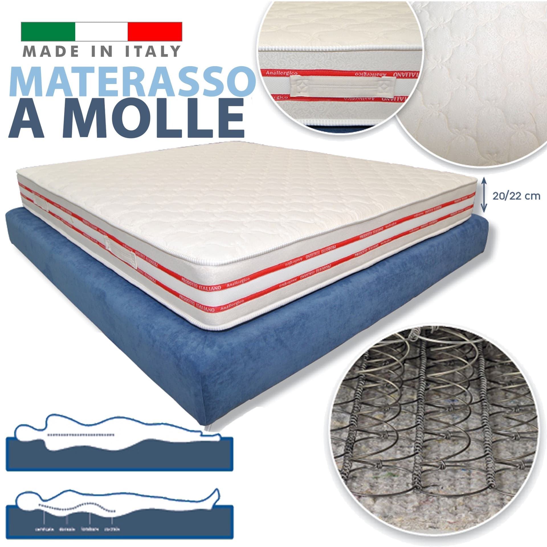 MATERASSO A MOLLE BONNEL ALTO 22 CM LOSANGATO JACQUAD ANTI ACARO ANALLERGICO - 2