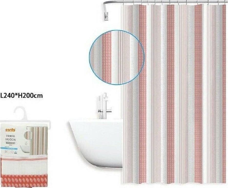TENDA DOCCIA ANTIMUFFA IMPERMEABILE 240X200 CM CON ANELLI BAGNO 59814 RIGHE ROSA - 2