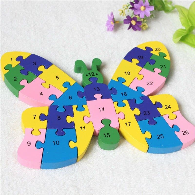 3D PUZZLE LEGNO FORMA DI FARFALLE EDUCATIVO LETTERE NUMERI BAMBINI IMPARARE