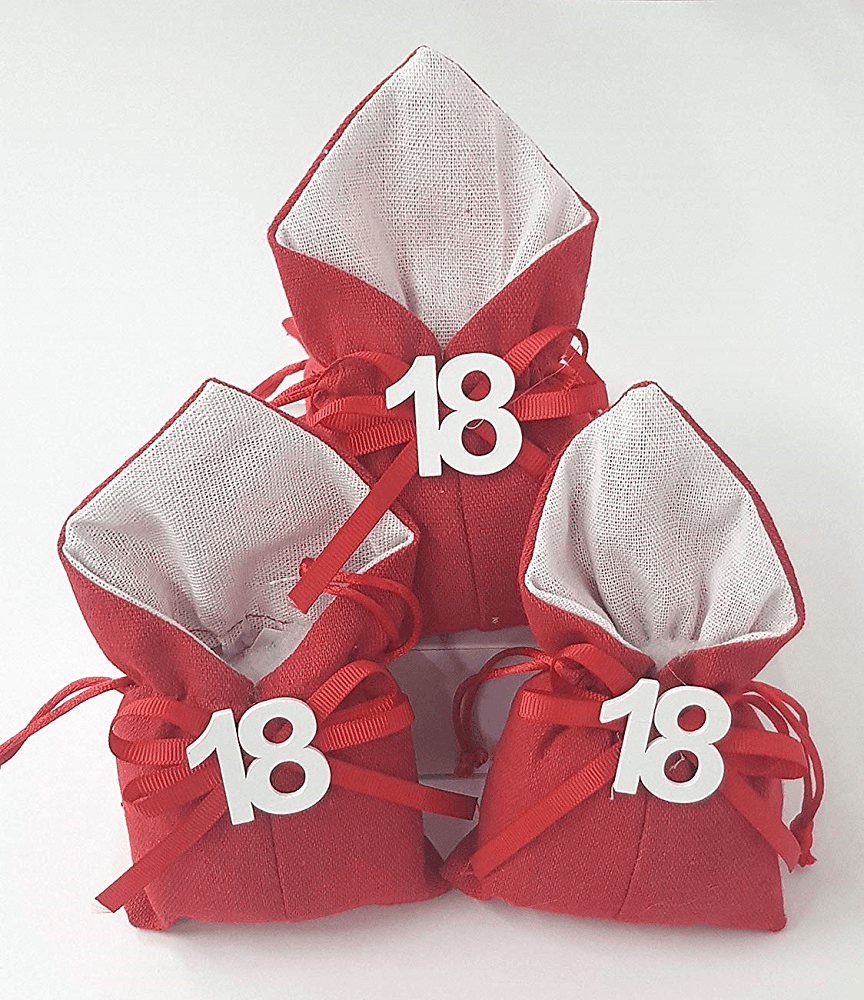 SET 12PZ SACCHETTO COLORATO NUMERO 18 ANNI JUTA 10X13CM BOMBONIERA PORTACONFETTI - 12