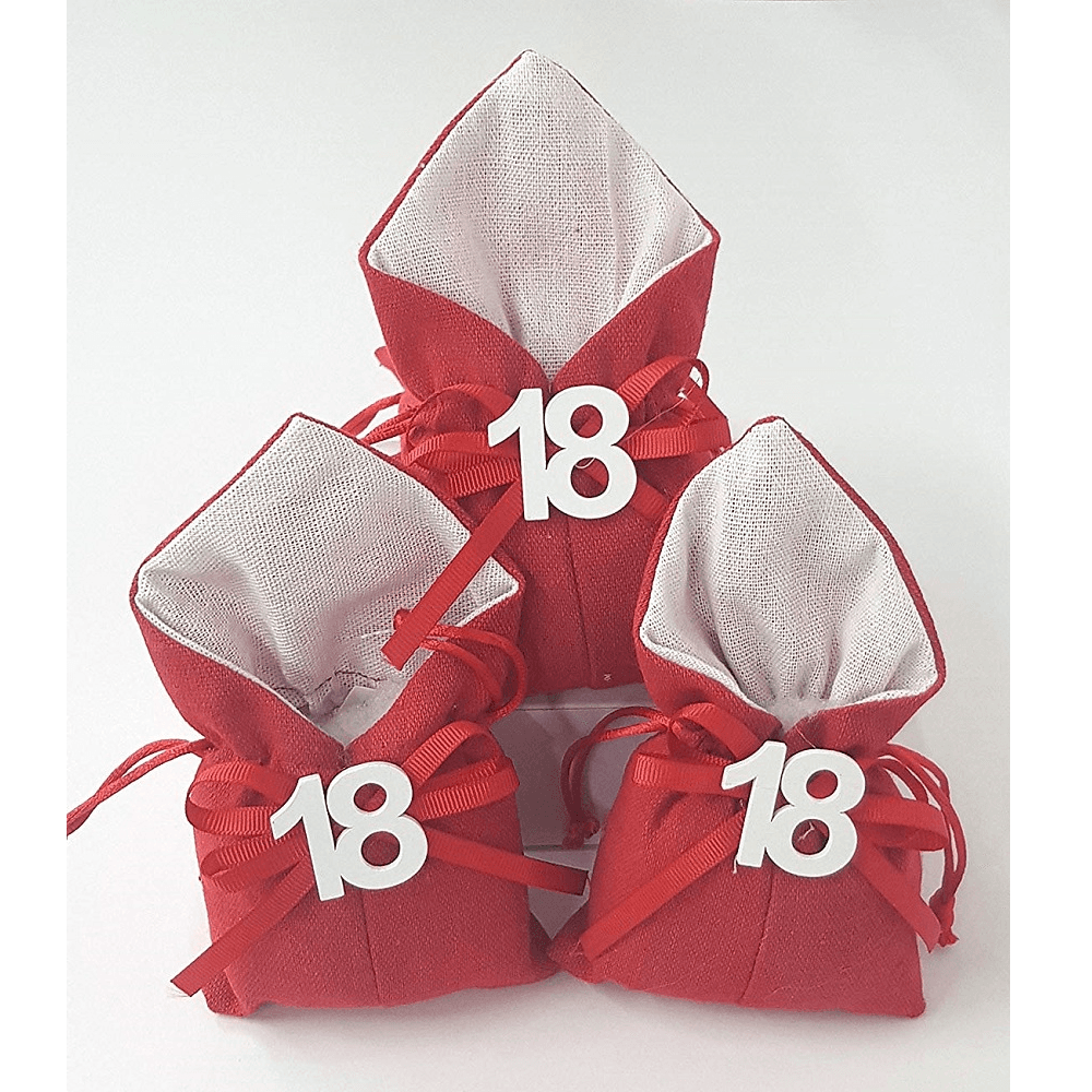 SET 12PZ SACCHETTO COLORATO NUMERO 18 ANNI JUTA 10X13CM BOMBONIERA PORTACONFETTI - 12