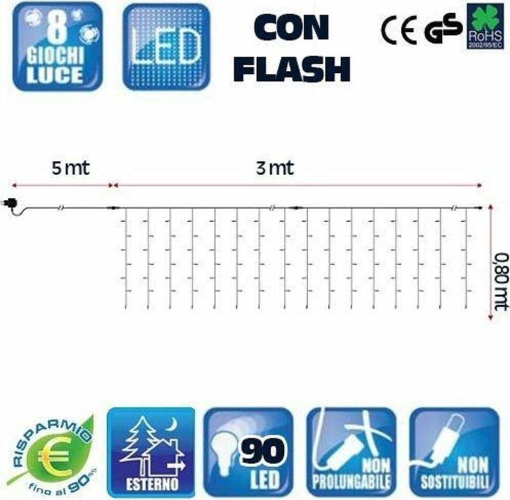 TENDA LUMINOSA NATALIZIA 90 LED LUCE BIANCO FREDDO 3 METRI ESTERNO LUCI CAVO 5MT - 2
