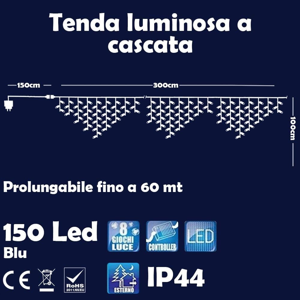 TENDA LUMINOSA NATALIZIA 150 LED CON FLASH LUCE BLU 3MT ESTERNO PROLUNGABILE - 5