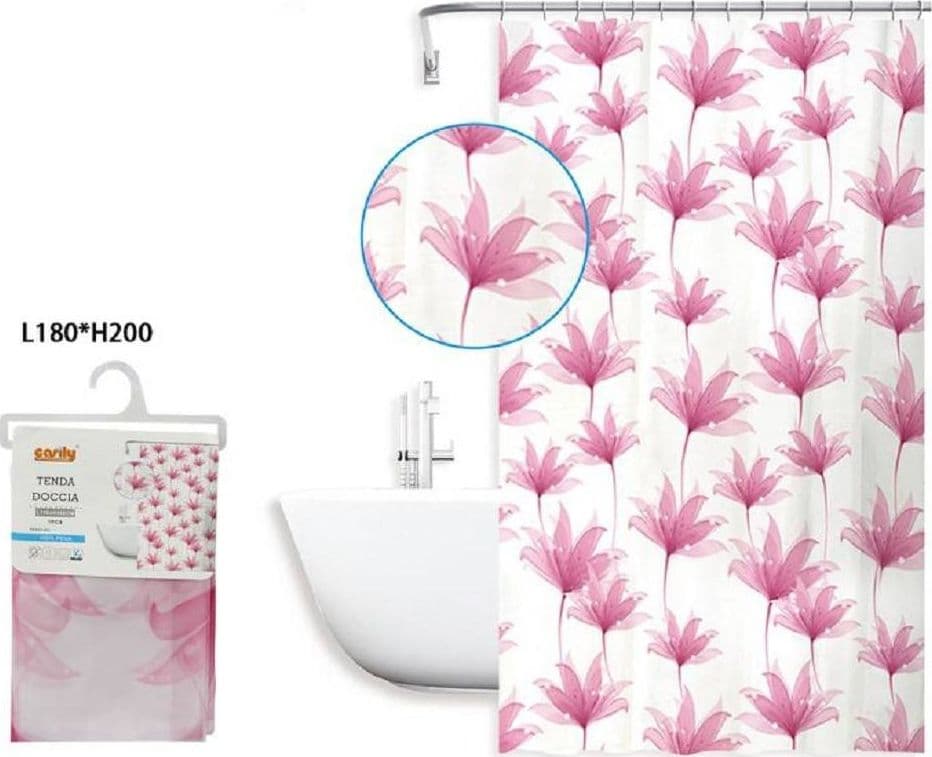 TENDA DOCCIA ANTIMUFFA IMPERMEABILE 180X200 CM CON ANELLI BAGNO FIORI ROSA 59803 - 2
