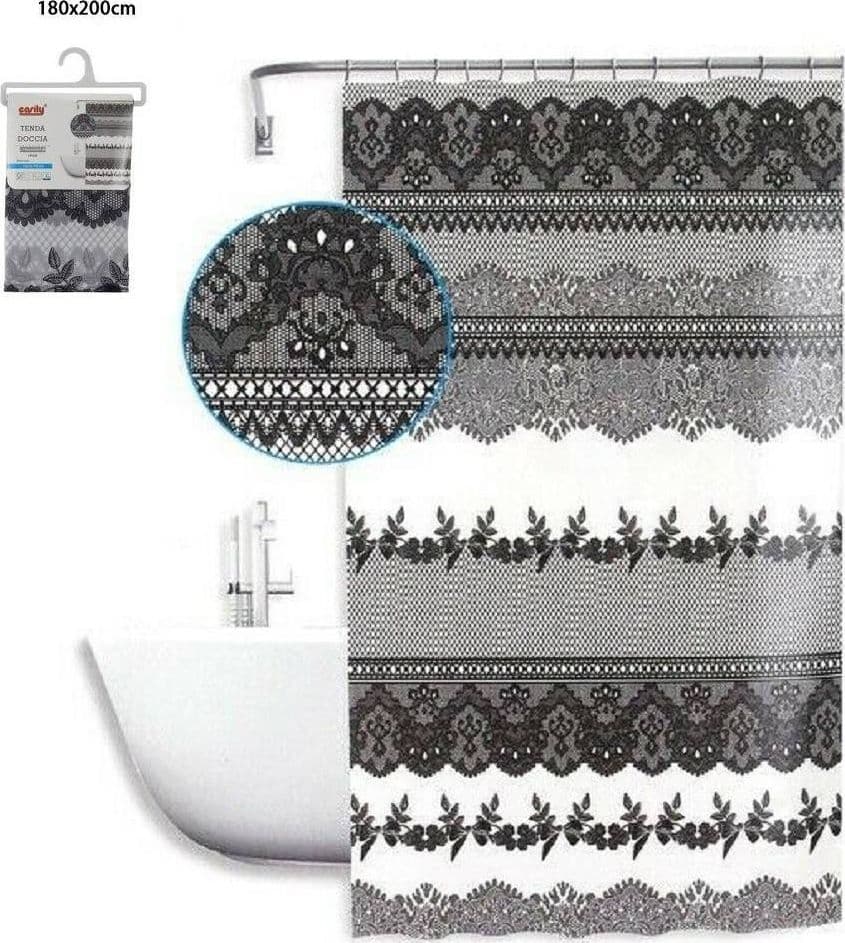 TENDA DOCCIA ANTIMUFFA IMPERMEABILE 180X200 CM CON ANELLI BAGNO PIZZO NERO 59521 - 2