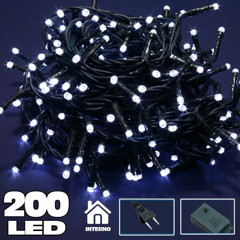 CATENA LUMINOSA 200 LUCI LED LUCCIOLE BIANCO FREDDO CON CONTROLLER 8 FUNZIONI