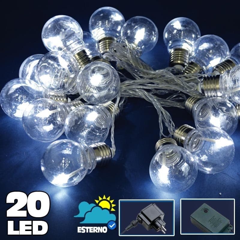 CATENA LUMINOSA 20 BULBI FORMA LAMPADINA TRASPARENTE A LED BIANCO FREDDO ALBERO - 2
