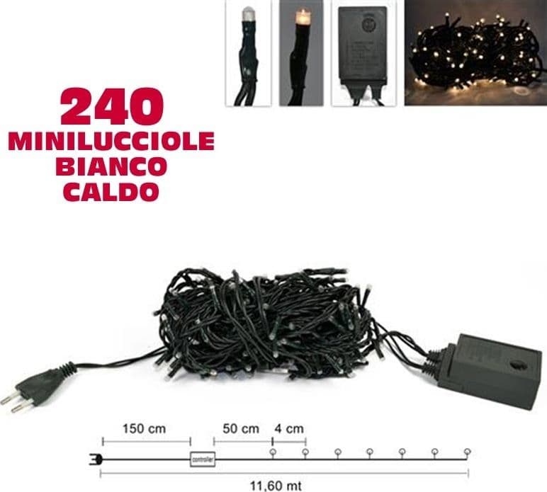 CATENA LUCI MINILUCCIOLE 240 LUCI 3 VIE BIANCO CALDO CON CONTROLLER 8 FUNZIONI - 2