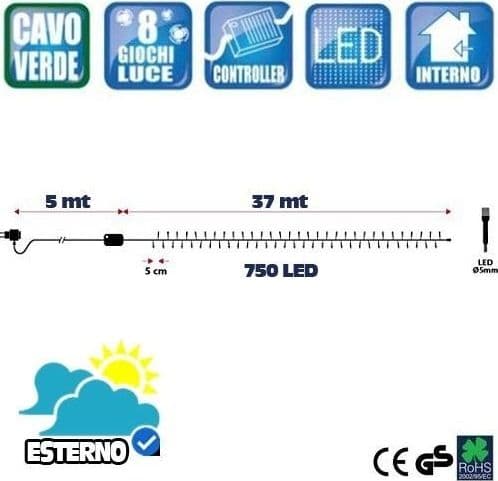 CATENA LUMINOSA 750 LUCI LED LUCCIOLE BIANCO FREDDO CONTROLLER 8FUNZIONI ESTERNO - 4