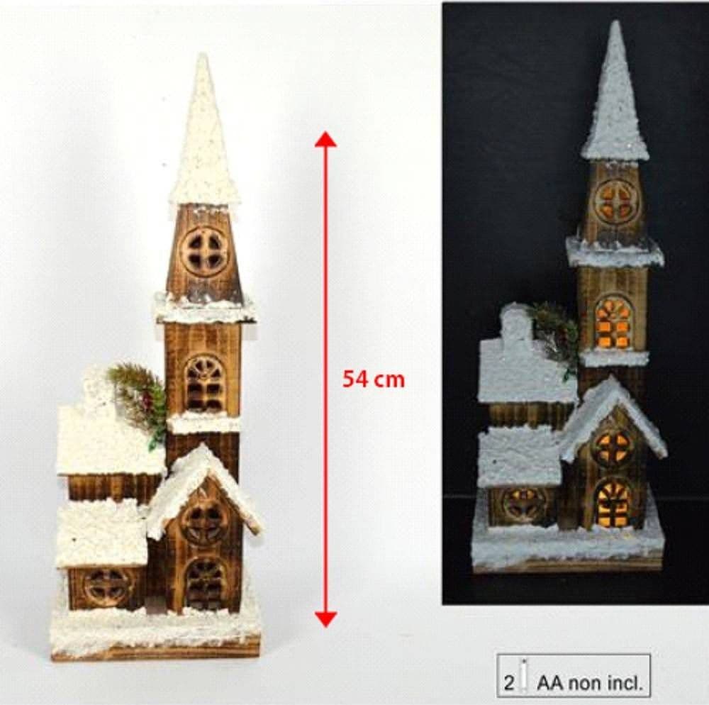 CAMPANILE LEGNO INNEVATO CON LUCI GIALLE ALTEZZA 54 CM DECORAZIONI NATALIZIE - 2
