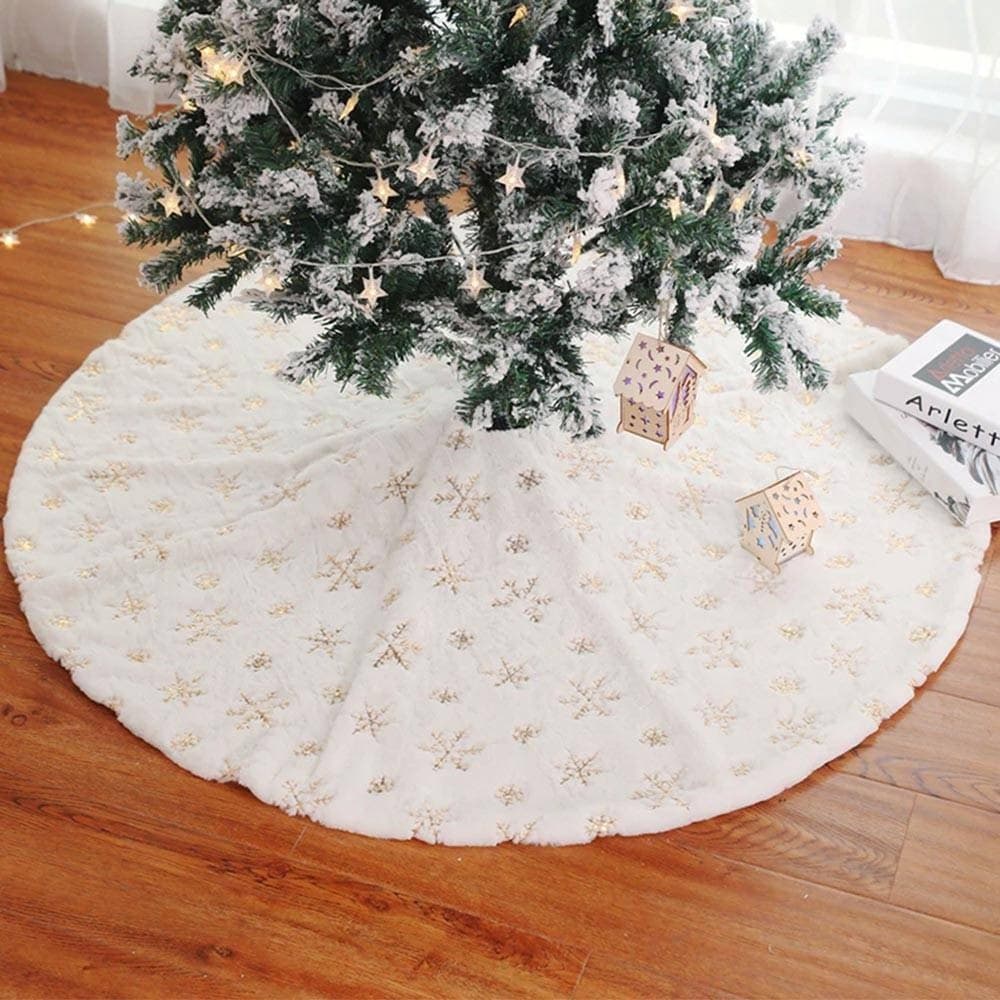 TAPPETO GONNA COPERTURA BASE ALBERO DI NATALE 80CM PELUCHE FIOCCHI DI NEVE GOLD