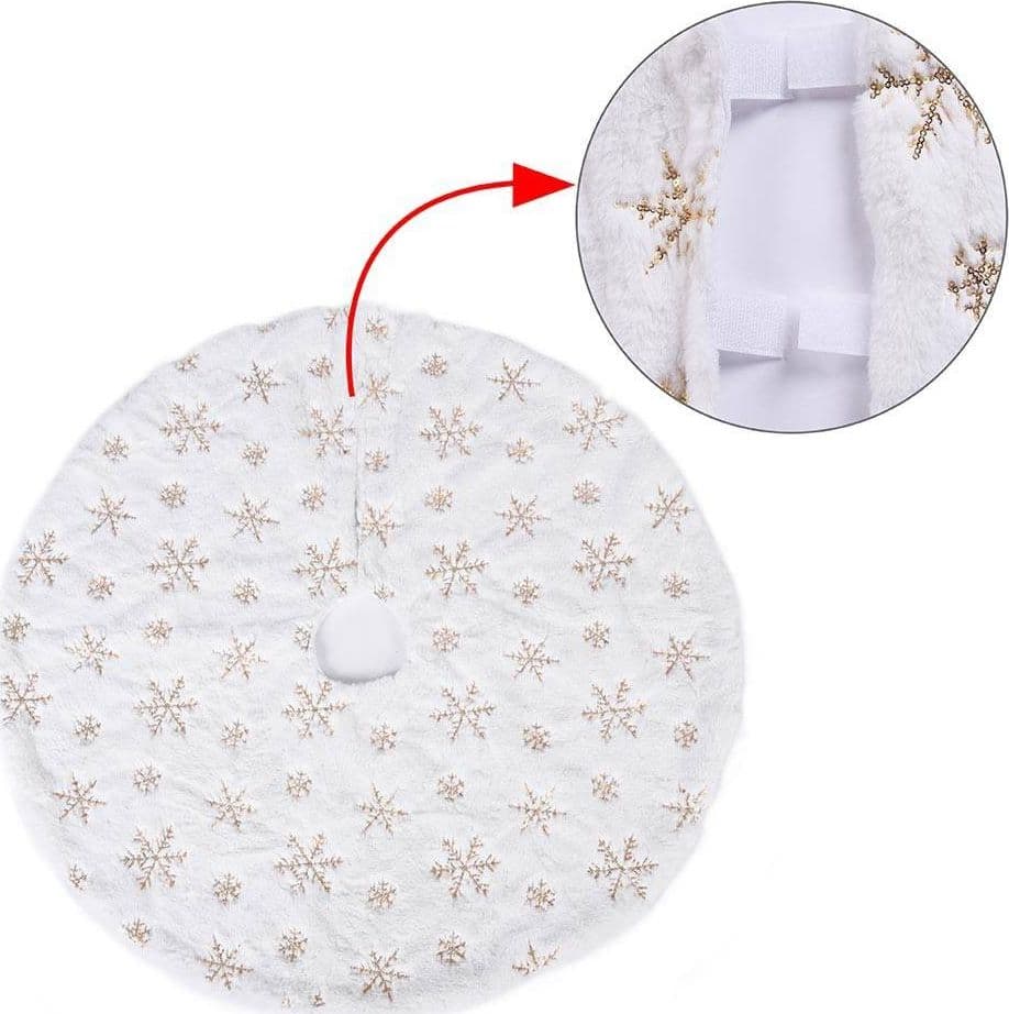 TAPPETO GONNA COPERTURA BASE ALBERO DI NATALE 80CM PELUCHE FIOCCHI DI NEVE GOLD - 2