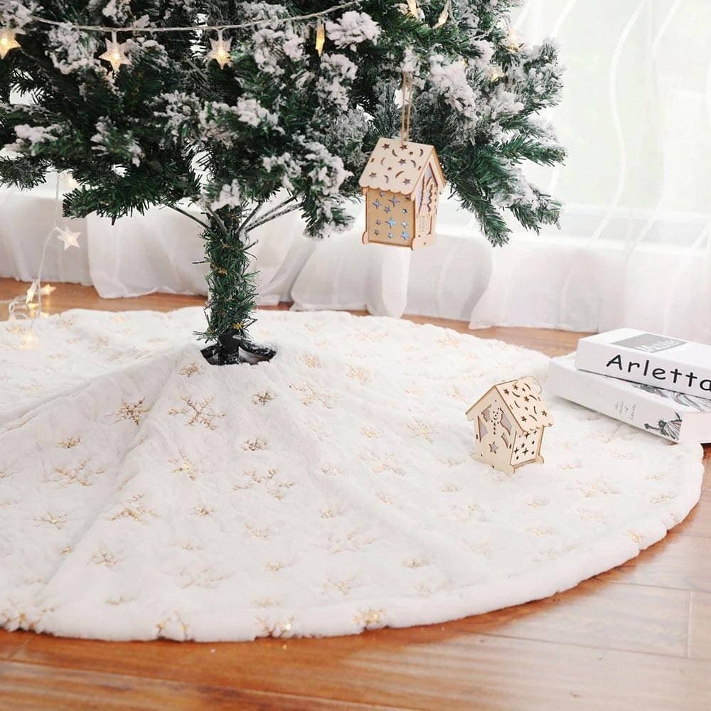 TAPPETO GONNA COPERTURA BASE ALBERO DI NATALE 80CM PELUCHE FIOCCHI DI NEVE GOLD - 3