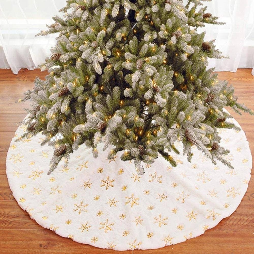 TAPPETO GONNA COPERTURA BASE ALBERO DI NATALE 80CM PELUCHE FIOCCHI DI NEVE GOLD - 5