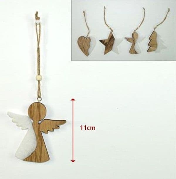 4 APPENDINI NATALE IN LEGNO OVATTA FORMA STELLA ALBERO ANGELO CUORE 11CM BIANCO - 2