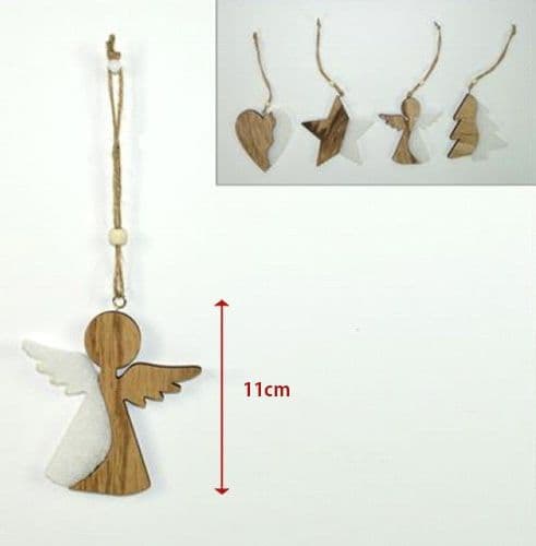 4 APPENDINI NATALE IN LEGNO OVATTA FORMA STELLA ALBERO ANGELO CUORE 11CM BIANCO - 2