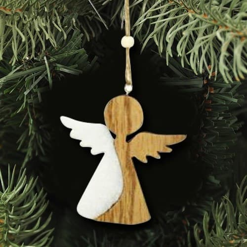 4 APPENDINI NATALE IN LEGNO OVATTA FORMA STELLA ALBERO ANGELO CUORE 11CM BIANCO - 3