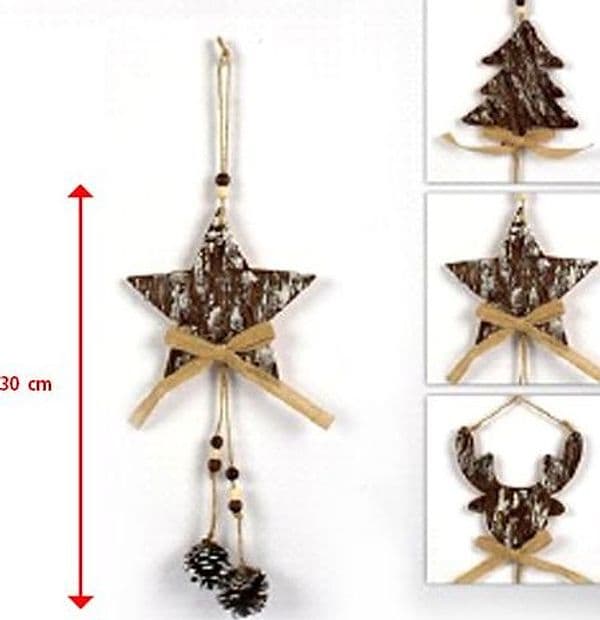 3 APPENDINI NATALE CORTECCIA LEGNO CON PIGNE FIOCCO STELLA ALBERO ALCE - 2