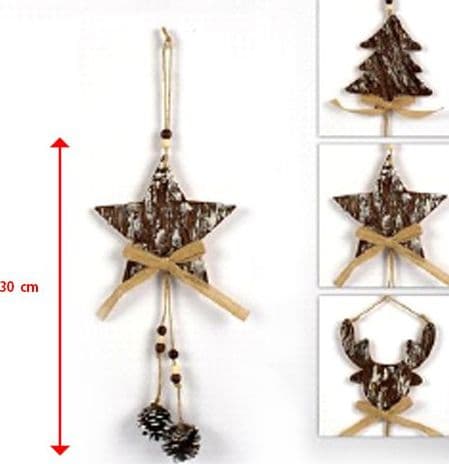 3 APPENDINI NATALE CORTECCIA LEGNO CON PIGNE FIOCCO STELLA ALBERO ALCE - 2