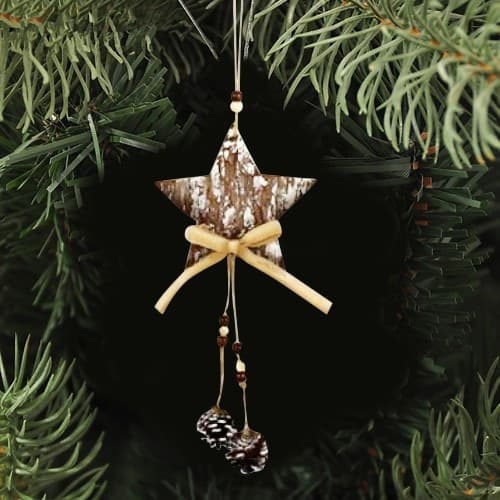 3 APPENDINI NATALE CORTECCIA LEGNO CON PIGNE FIOCCO STELLA ALBERO ALCE - 3