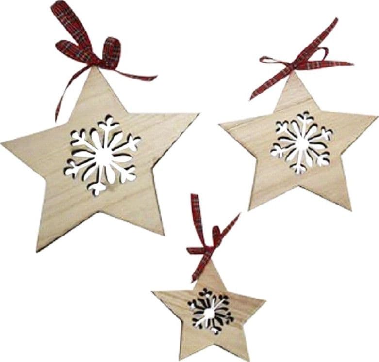 SET 3PZ APPENDINI FORMA STELLA IN LEGNO VARIE MISURE DECORAZIONI NATALIZIE