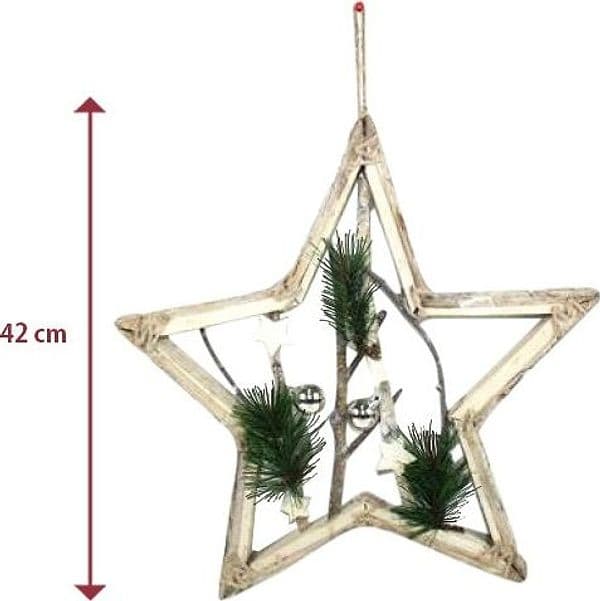 APPENDINO FORMA STELLA IN LEGNO CON RAMI E PALLINE 42CM BIANCO DECORO NATALIZIO - 2