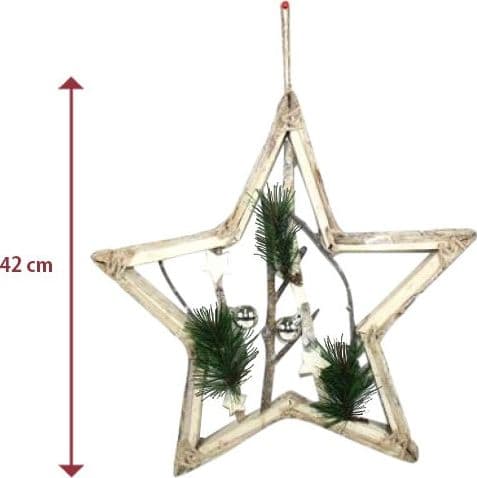 APPENDINO FORMA STELLA IN LEGNO CON RAMI E PALLINE 42CM BIANCO DECORO NATALIZIO - 2