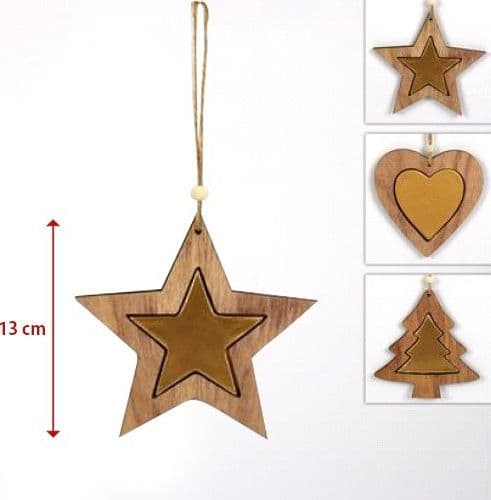 3 APPENDINI NATALE IN LEGNO STELLA ALBERO CUORE ORO DECORAZIONI NATALIZIE - 2