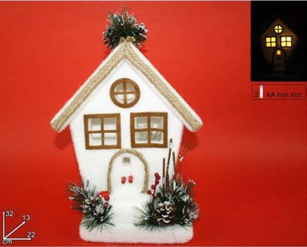 CASETTA CON RAMETTI BACCHE E PIGNE CON LUCE A PILE 32CM DECORAZIONI NATALIZIE - 2