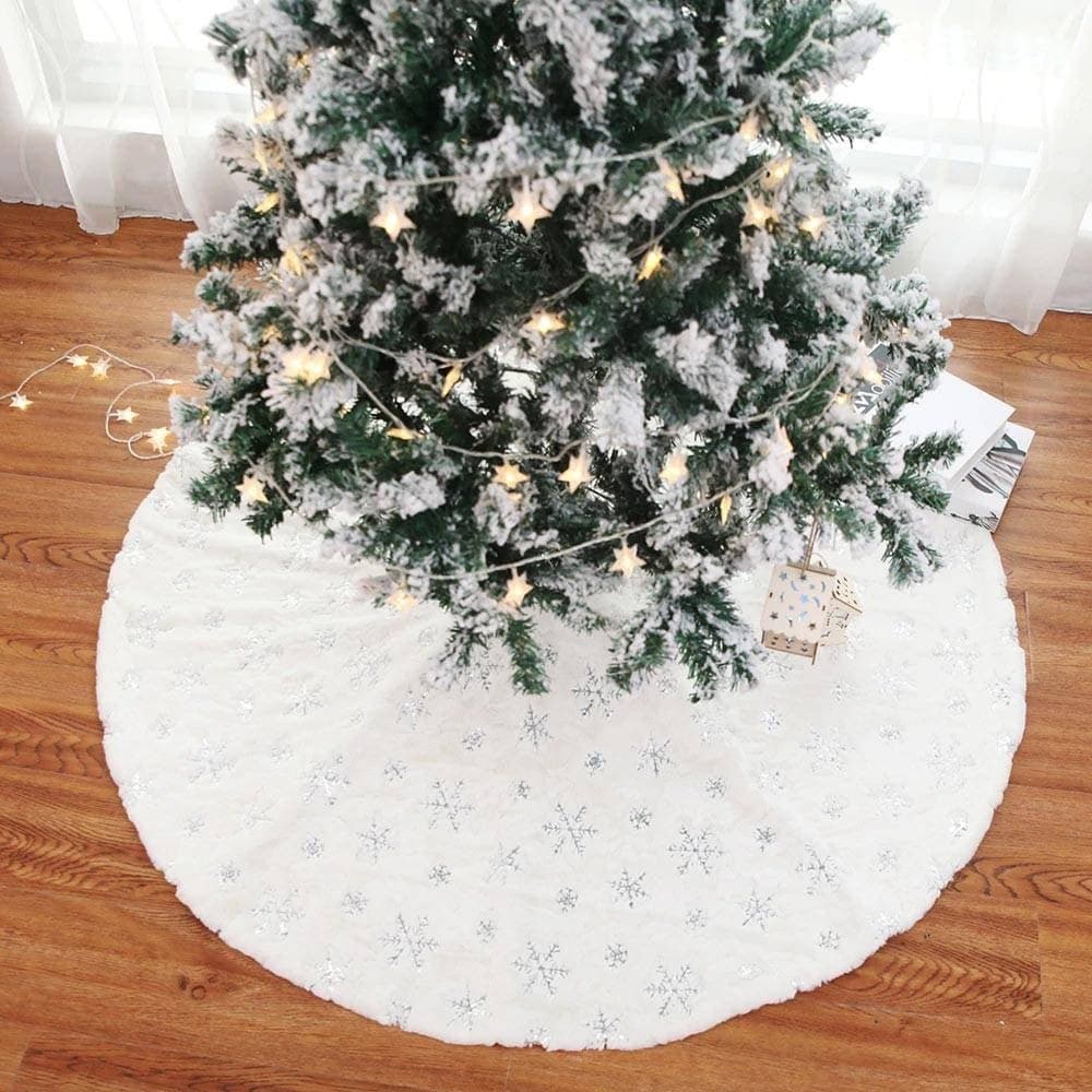 TAPPETO GONNA COPERTURA BASE ALBERO DI NATALE 80CM PELUCHE FIOCCO DI NEVE SILVER - 3