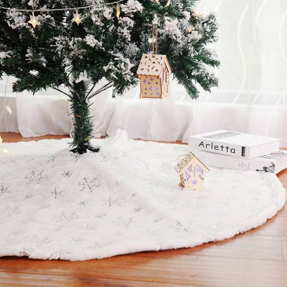 TAPPETO GONNA COPERTURA BASE ALBERO DI NATALE 80CM PELUCHE FIOCCO DI NEVE SILVER - 4