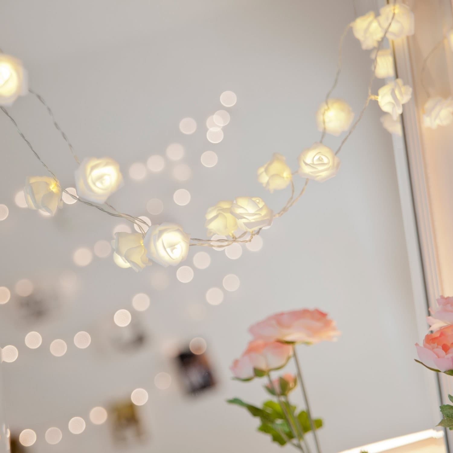 CATENA LUCI LUMINOSA CON 10 LED A FORMA DI ROSA BIANCA ALIMENTAZIONE A BATTERIA - 8