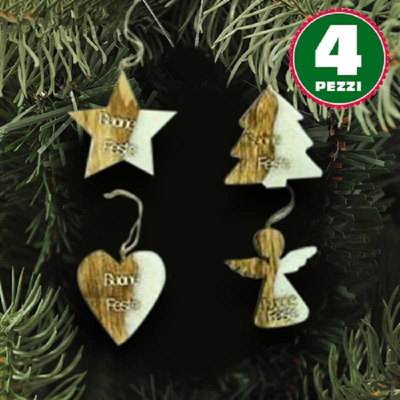4 APPENDINI NATALE LEGNO OVATTA FORMA STELLA ALBERO ANGELO CUORE CON SCRITTA BUONE FESTE