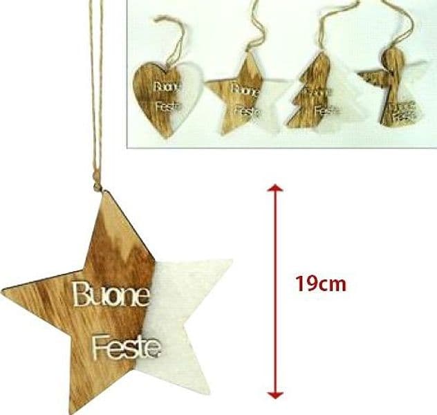 4 APPENDINI NATALE LEGNO OVATTA FORMA STELLA ALBERO ANGELO CUORE CON SCRITTA BUONE FESTE - 2