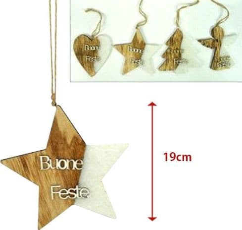 4 APPENDINI NATALE LEGNO OVATTA FORMA STELLA ALBERO ANGELO CUORE CON SCRITTA BUONE FESTE - 2