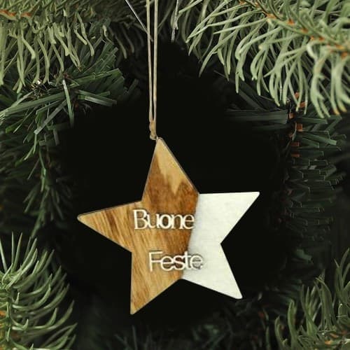 4 APPENDINI NATALE LEGNO OVATTA FORMA STELLA ALBERO ANGELO CUORE CON SCRITTA BUONE FESTE - 3