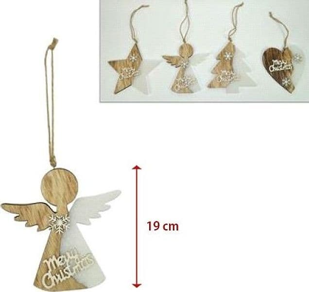 4 APPENDINI NATALE IN LEGNO OVATTA FORMA STELLA ALBERO ANGELO CUORE CON SCRITTA MERRY CHRISTMAS - 2
