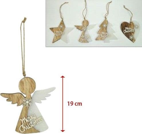 4 APPENDINI NATALE IN LEGNO OVATTA FORMA STELLA ALBERO ANGELO CUORE CON SCRITTA MERRY CHRISTMAS - 2