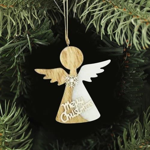 4 APPENDINI NATALE IN LEGNO OVATTA FORMA STELLA ALBERO ANGELO CUORE CON SCRITTA MERRY CHRISTMAS - 3