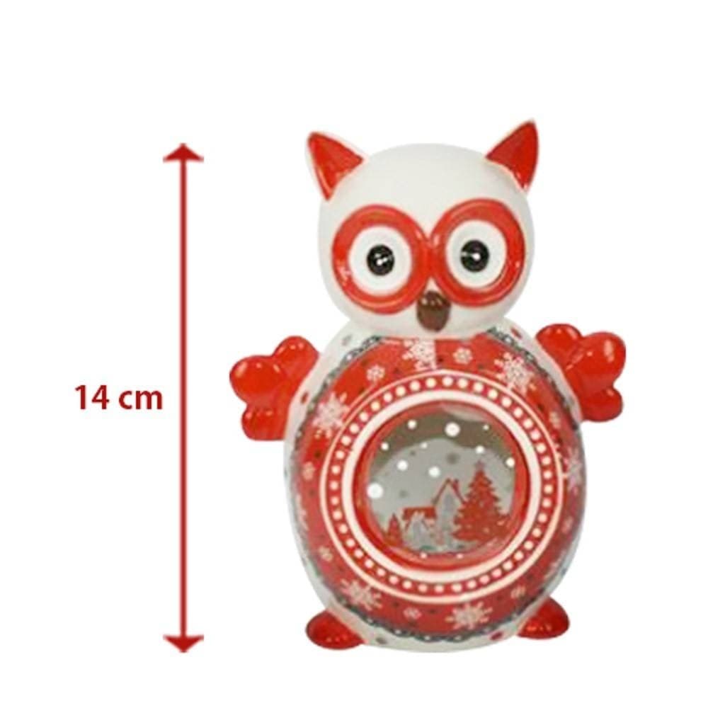 LANTERNA CERAMICA GUFO CON CANDELA ELETTRICA 14 CM DECORAZIONI NATALIZIE - 2