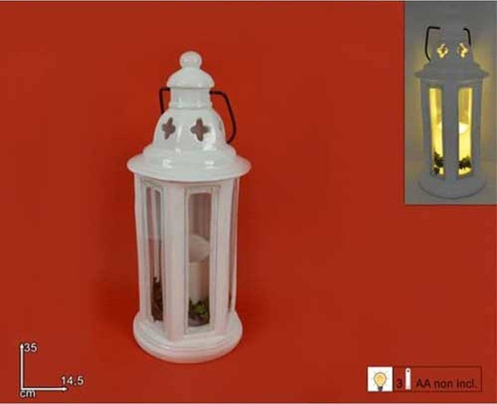 LANTERNA TONDA METALLO BIANCO CON CANDELA A BATTERIE 35 CM DECORAZIONI NATALIZIE - 2