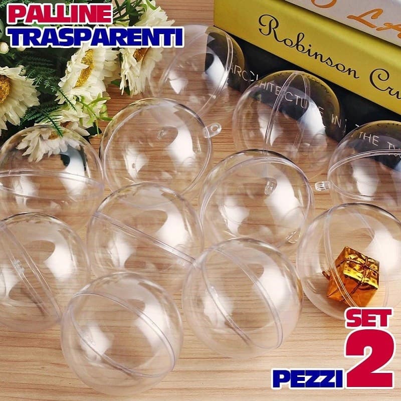 SFERE NATALIZIE PALLINE TRASPARENTI APRIBILI DA RIEMPIRE DECORAZIONE NATALE 2PZ 7CM - 4