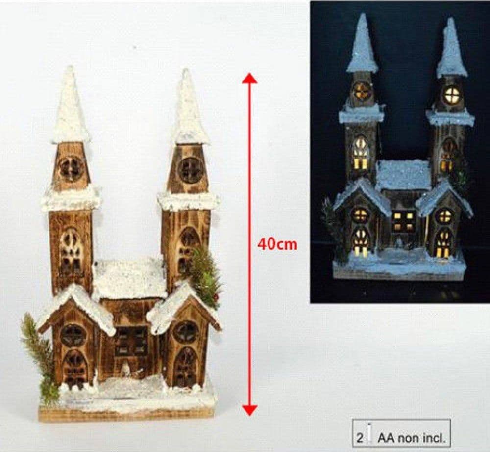 CASETTA LEGNO INNEVATA LUMINOSA CON 2 TORRI ALTEZZA 40 CM DECORAZIONI NATALIZIE - 2