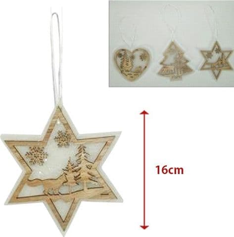 3 APPENDINI NATALE IN LEGNO E OVATTA FORMA STELLA ALBERO CUORE CON SCENARIO 16CM - 2