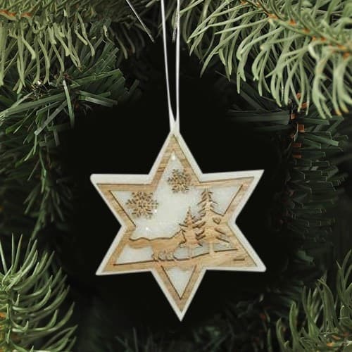 3 APPENDINI NATALE IN LEGNO E OVATTA FORMA STELLA ALBERO CUORE CON SCENARIO 16CM - 3