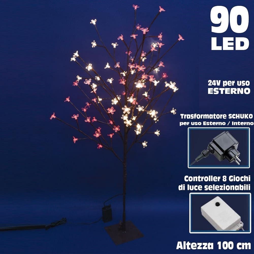 ALBERO DI NATALE LUMINOSO CILIEGIO PER ESTERNO 90 LED 100CM BIANCO CALDO E ROSSO - 2