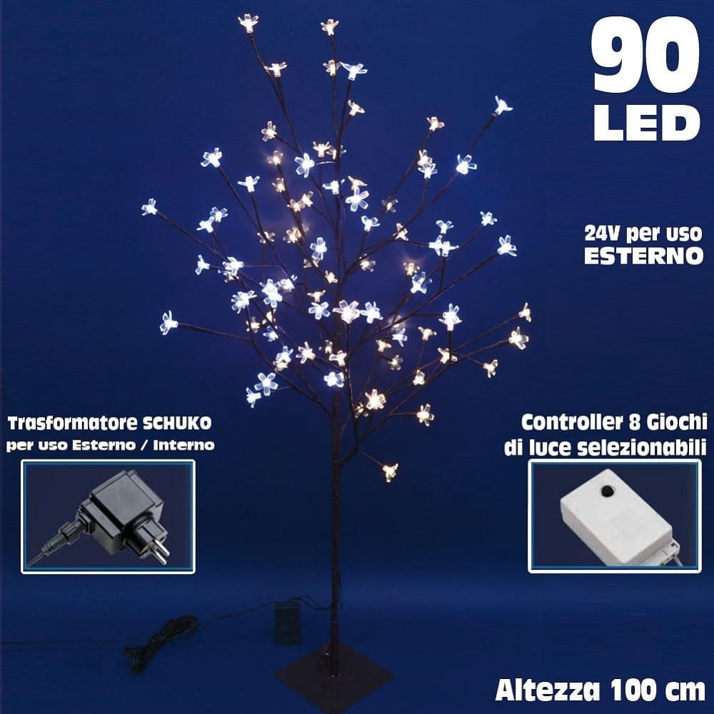 ALBERO DI NATALE LUMINOSO CILIEGIO PER ESTERNO 90 LED 100 CM BIANCO FREDDO CALDO - 2