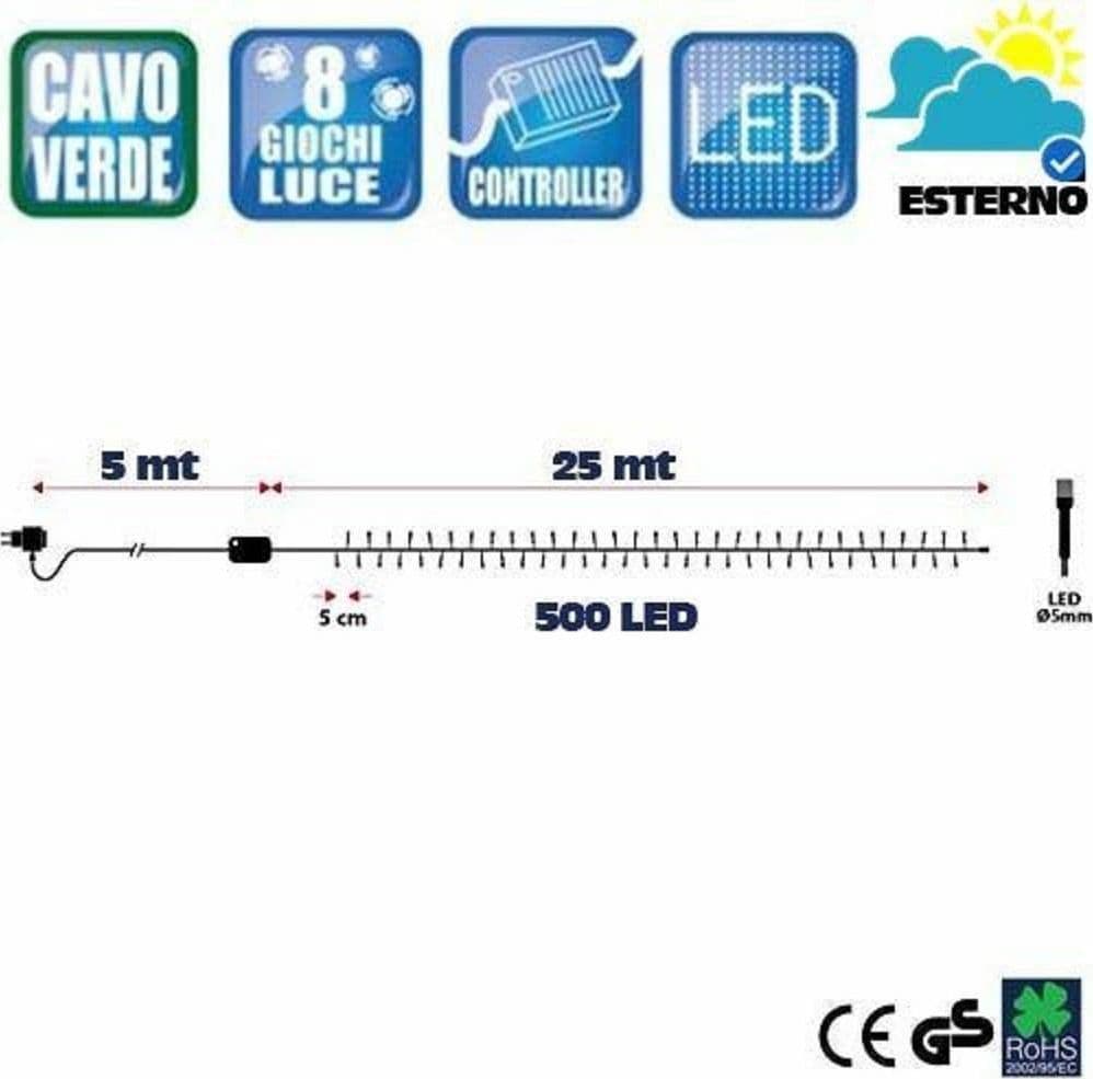 CATENA LUMINOSA 500 LUCI LED LUCCIOLE BIANCO CALDO ROSSO CONTROLLER USO ESTERNO - 3