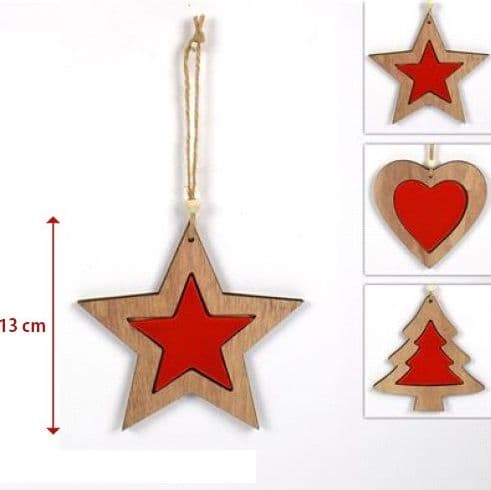 3 APPENDINI NATALE IN LEGNO STELLA ALBERO CUORE ROSSO DECORAZIONI NATALIZIE - 2
