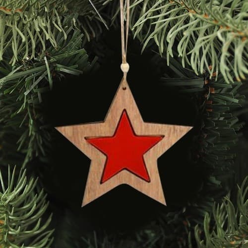 3 APPENDINI NATALE IN LEGNO STELLA ALBERO CUORE ROSSO DECORAZIONI NATALIZIE - 3